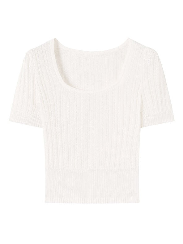 Square Collar Transparent Knitted Short-Sleeed T-Shirt