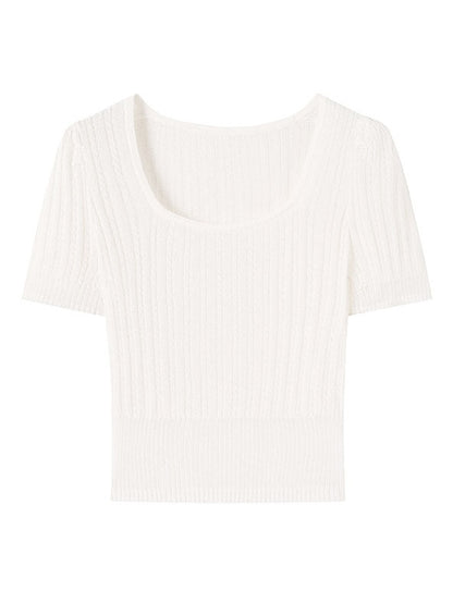 Square Collar Transparent Knitted Short-sleeved T-shirt