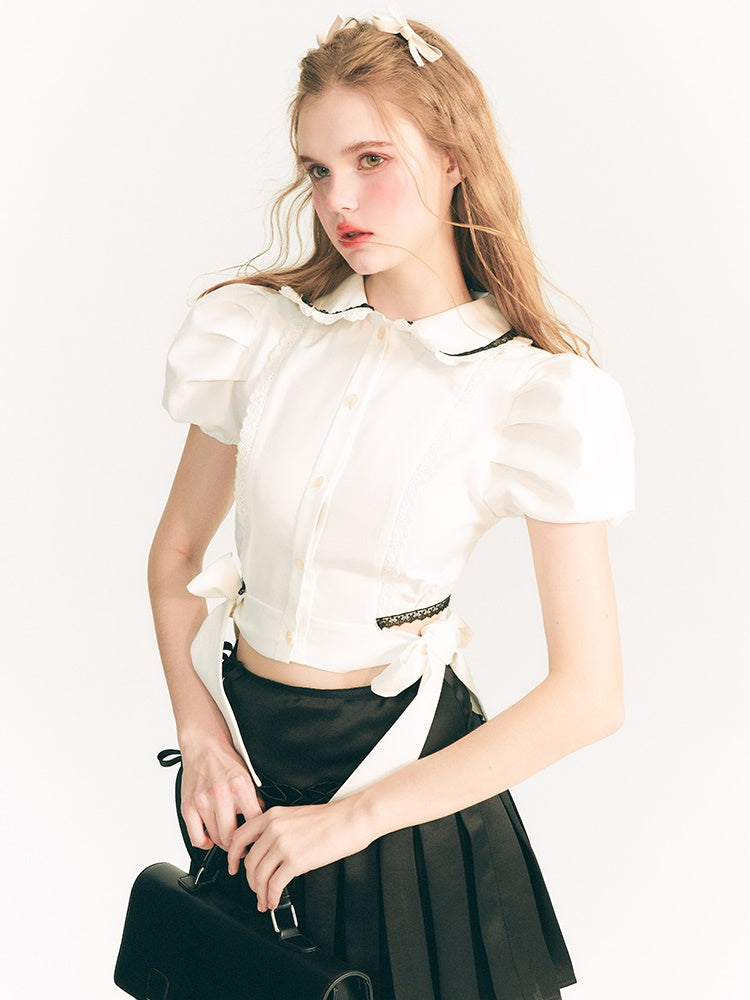 Side Ribbon Doll Collar Puff Sleeve Shirt