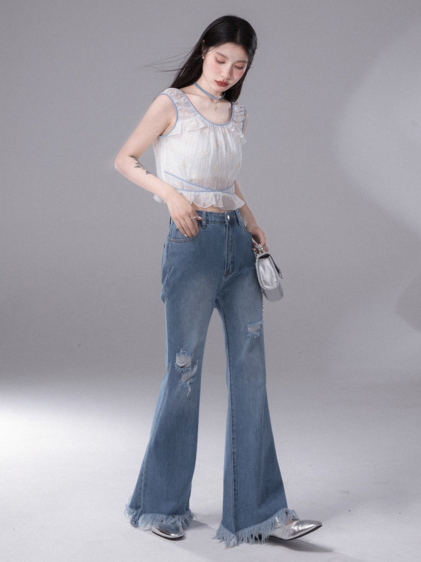 Mopping Raw Edge Flared Denim Pants