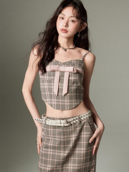 Plaid Bow Cropped Camisole &amp; Long Skirt