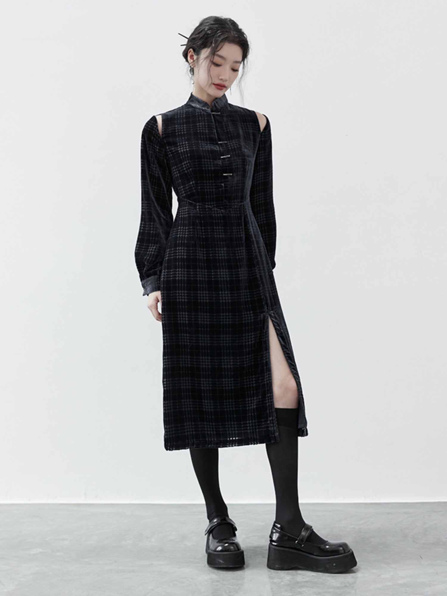 Chinese Style Houndstooth Velvet Stand Collar Dress