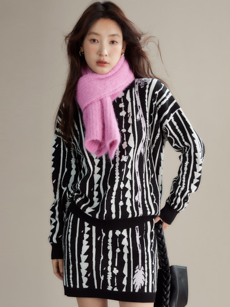 Dragon Pattern Jacquard Polo Sweater &amp; Knitted Skirt