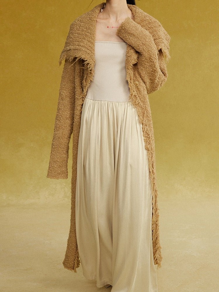 Large Collar Fringed Long Knitted Cardigan