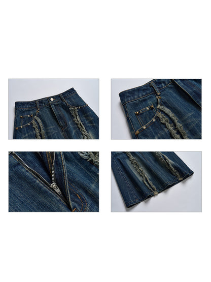 Distressed Washed Denim A-line Mid-length Skirt