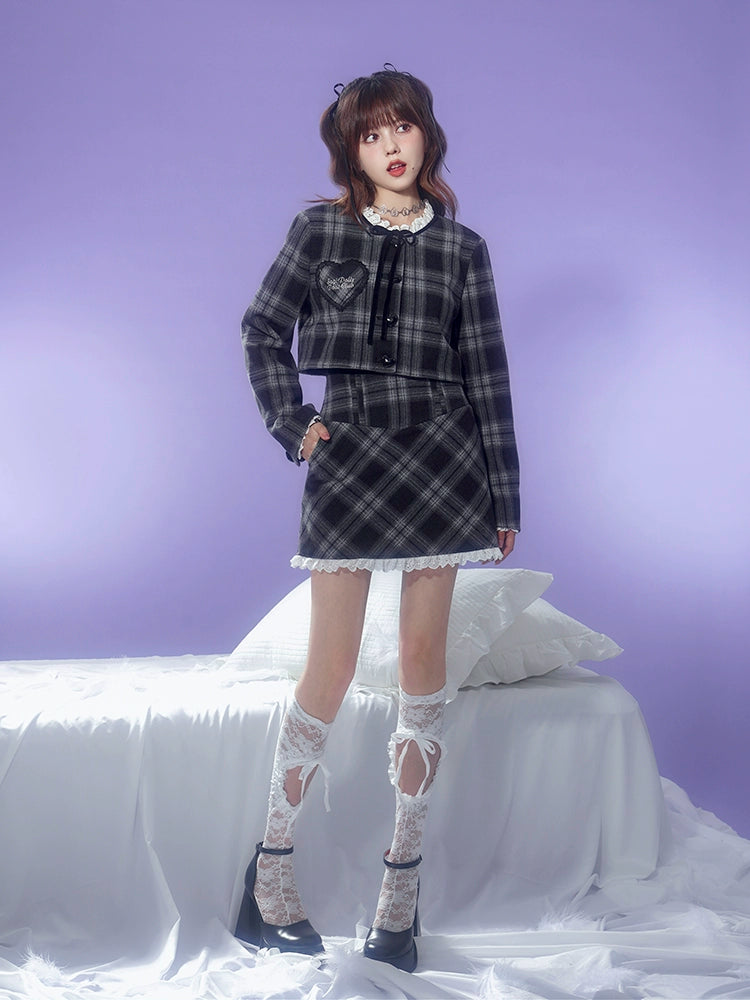 Checkered Lace Stitch No-Collar Jacket ＆ A-Line Skirt