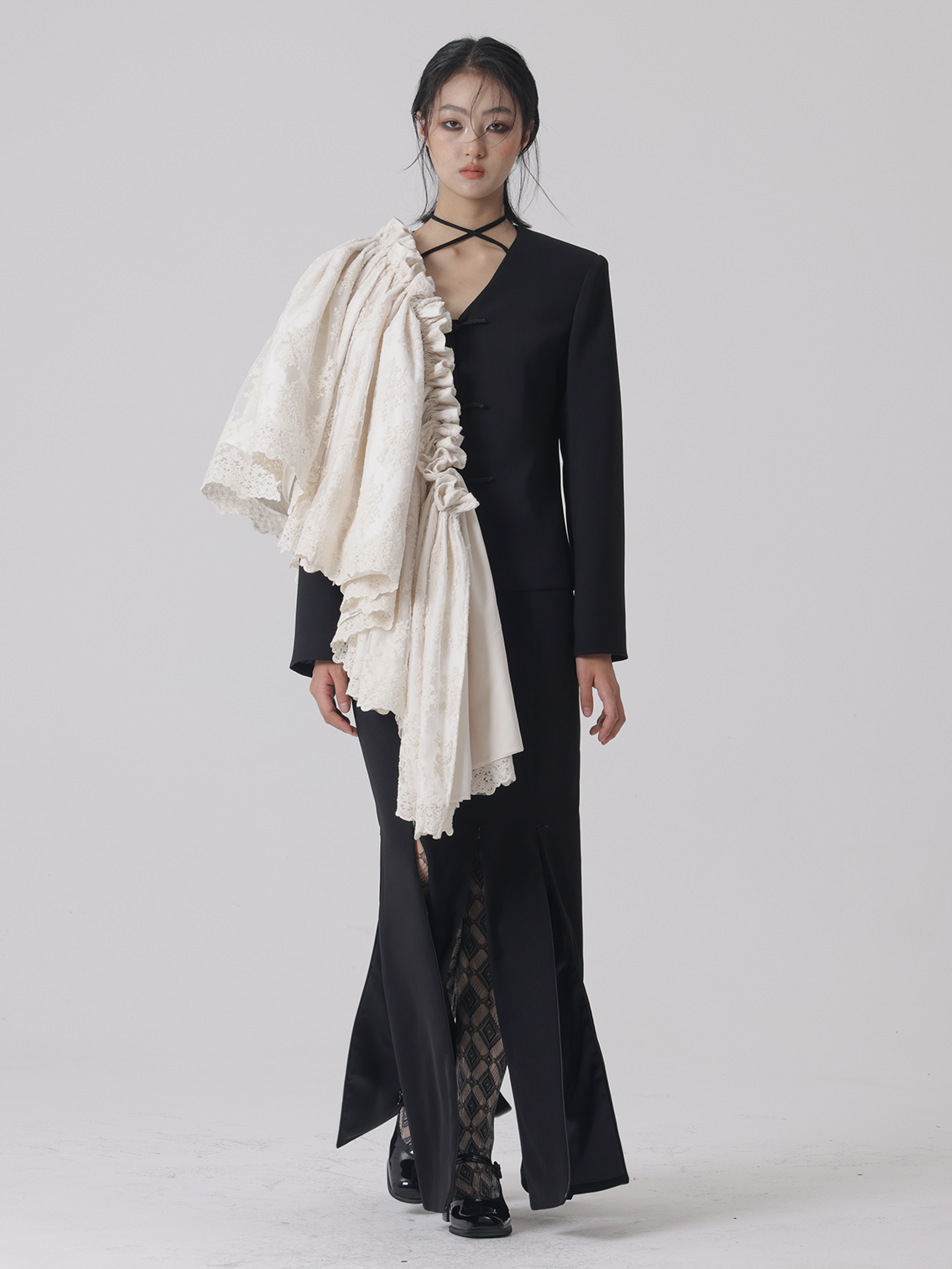 Detachable Lace V-neck Jacket ＆ Slit Skirt