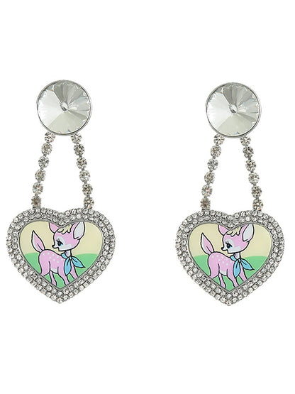 CARTOON DEER CUTE STDDED RHINESTONE EARRINGS &amp; PIERCE &amp; NECKLACE