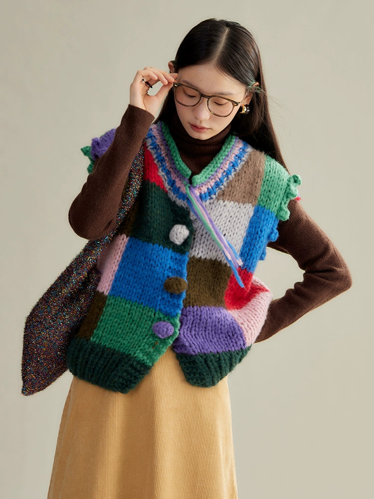 Patchwork Color Knitted Vest Cardigan