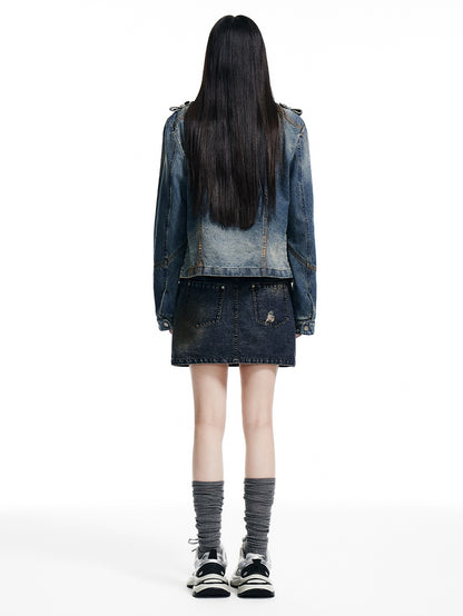 Stand-Collar Denim Short Jacket