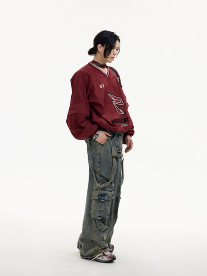 Detachable Distressed Washed Multi-pocket Salopette Pants