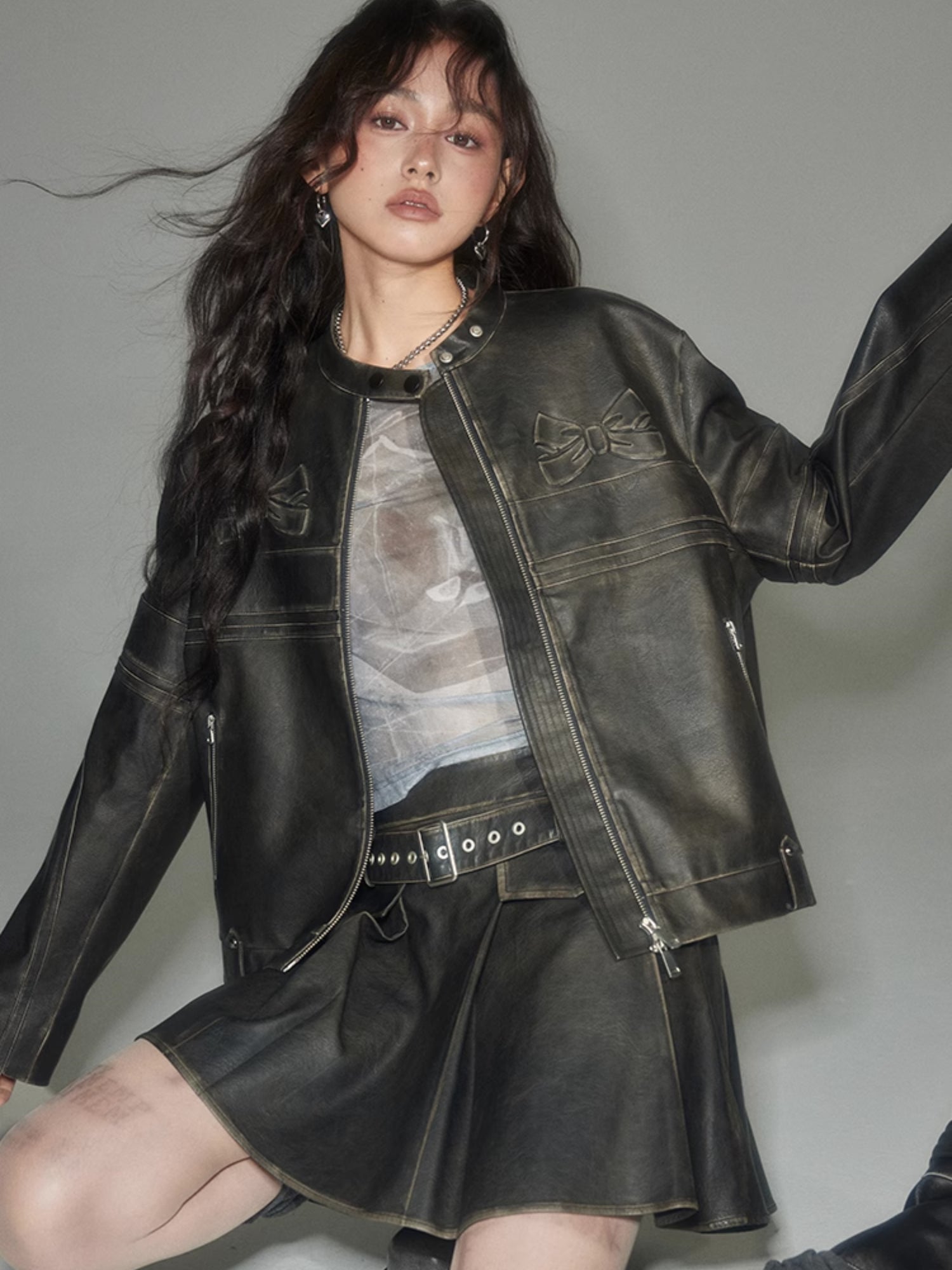 Leather Ki Jacket Ke Rate Emboss Ribbon Leather Stand Collar