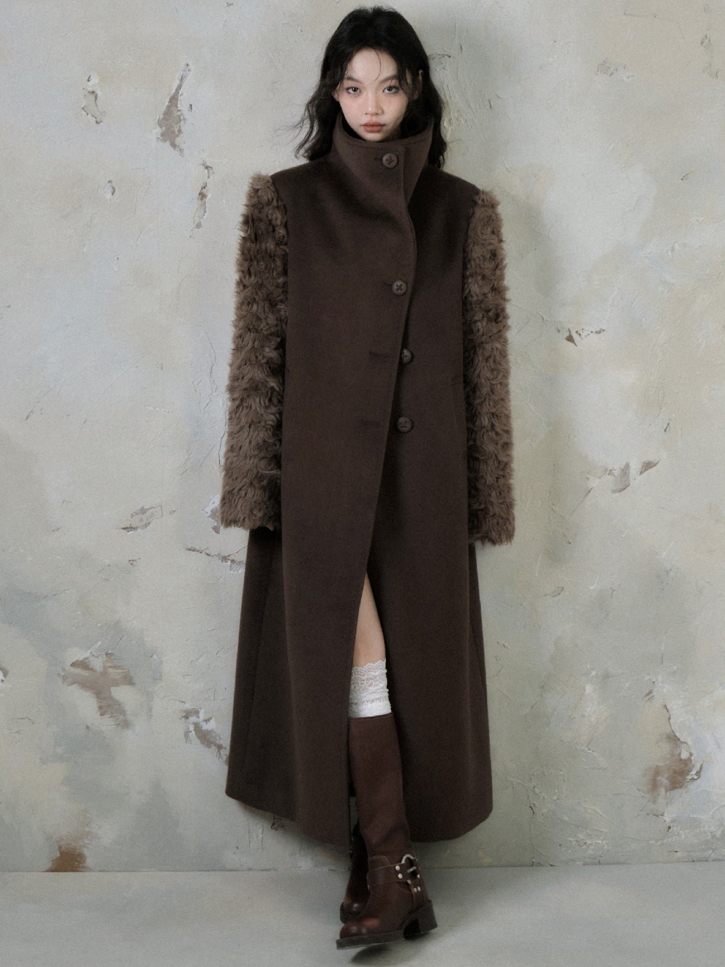 Plush Fur Sleeve Splicing Stand Collar Coat