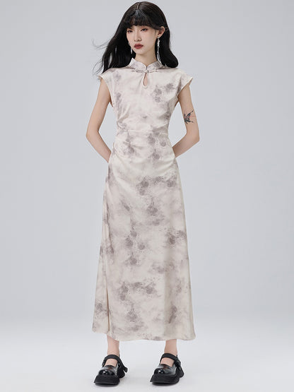 Cheongsam Pleated French Sleeve Long Dress