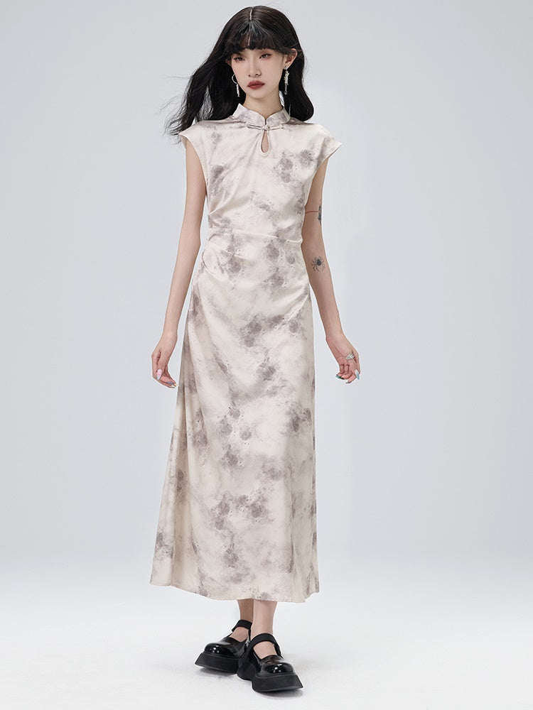 Cheongsam Pleated French Sleeve Long Dress