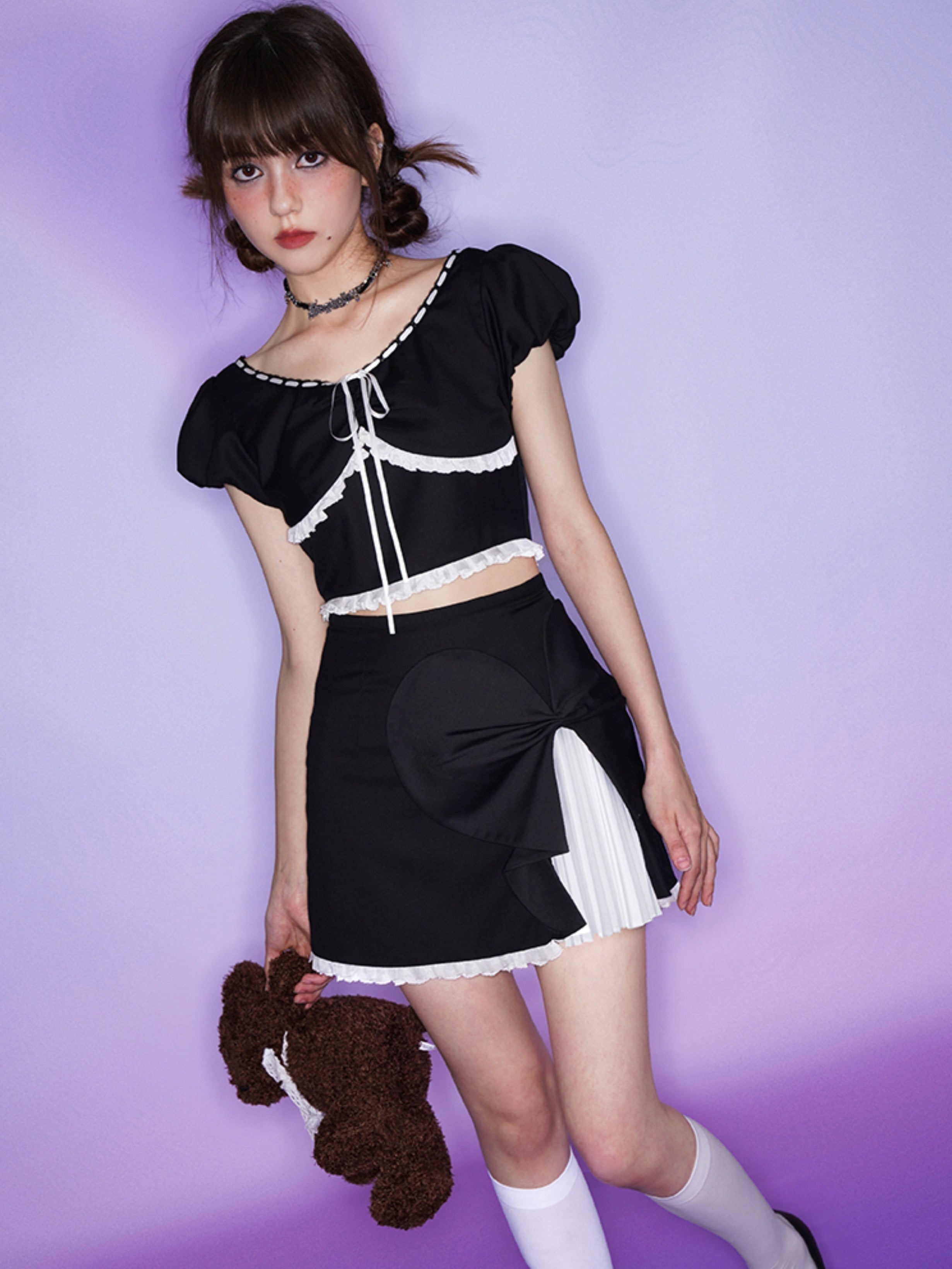 Romantic Puff Sleeve Top ＆ Asymmetry Layered Short Skirt