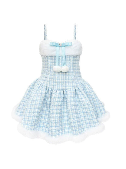 Snow Princess Bow Fur Ball Suspender Dress