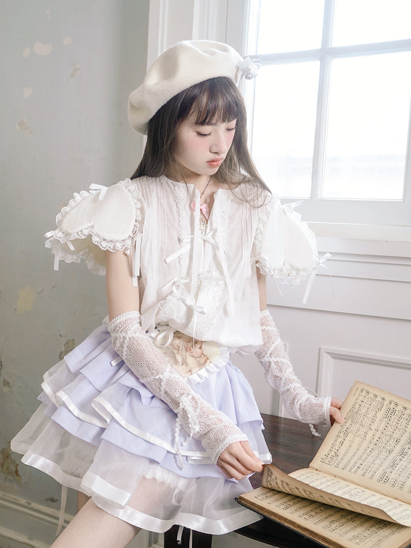 Three-dimensional Love Sleeve Bow Lace Girls Shirt