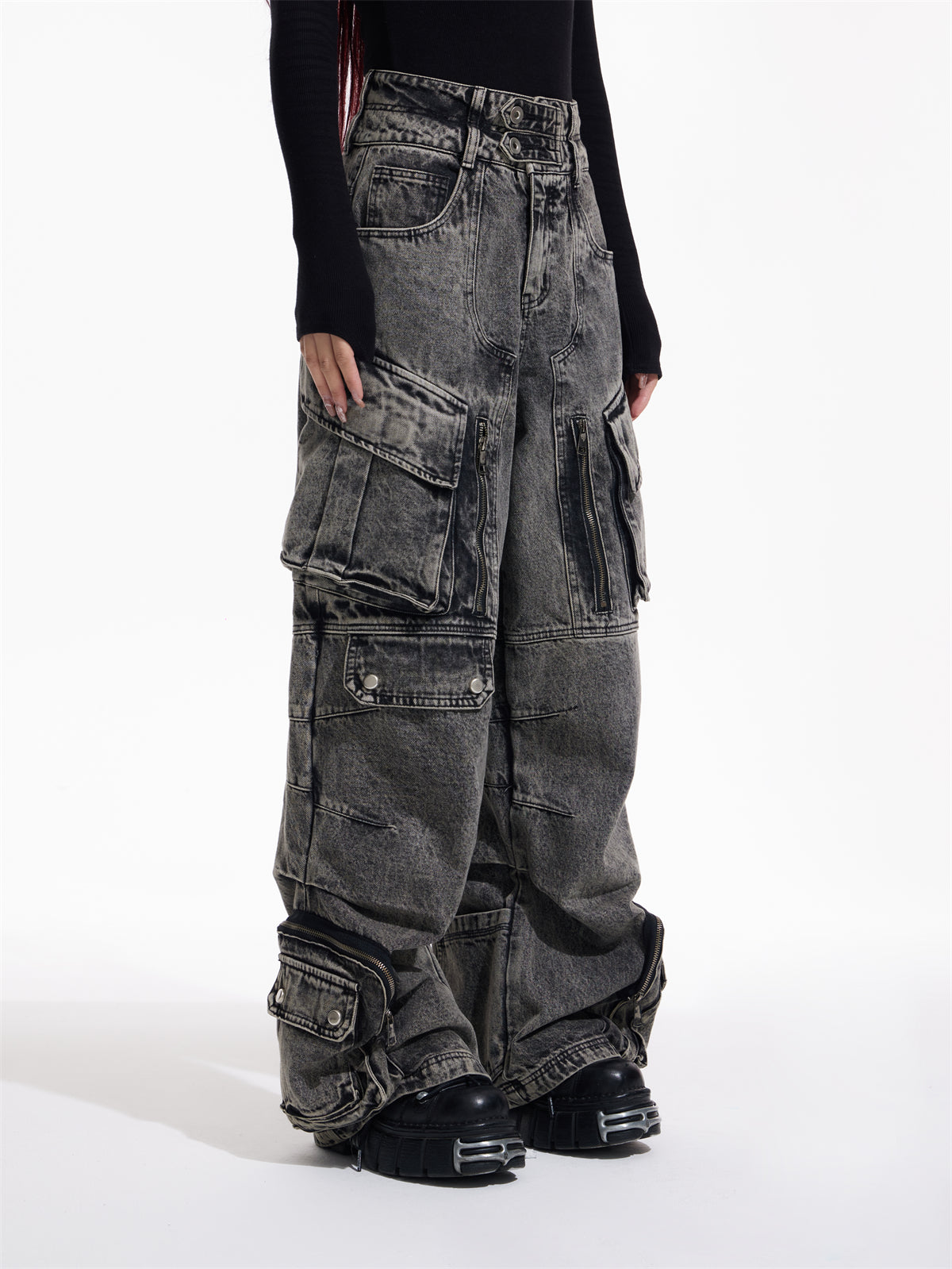 Retro Work Style Wide-leg Cargo Jeans