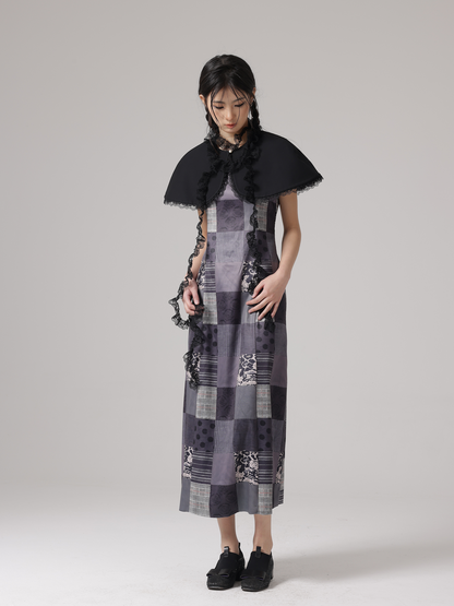 Patchwork Mosaic Printing Dress &amp; Lace Scarf &amp; Cloak 3piece Set