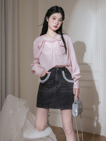 Sweet and innocent blue V-neck bow-tie short dress main image 1