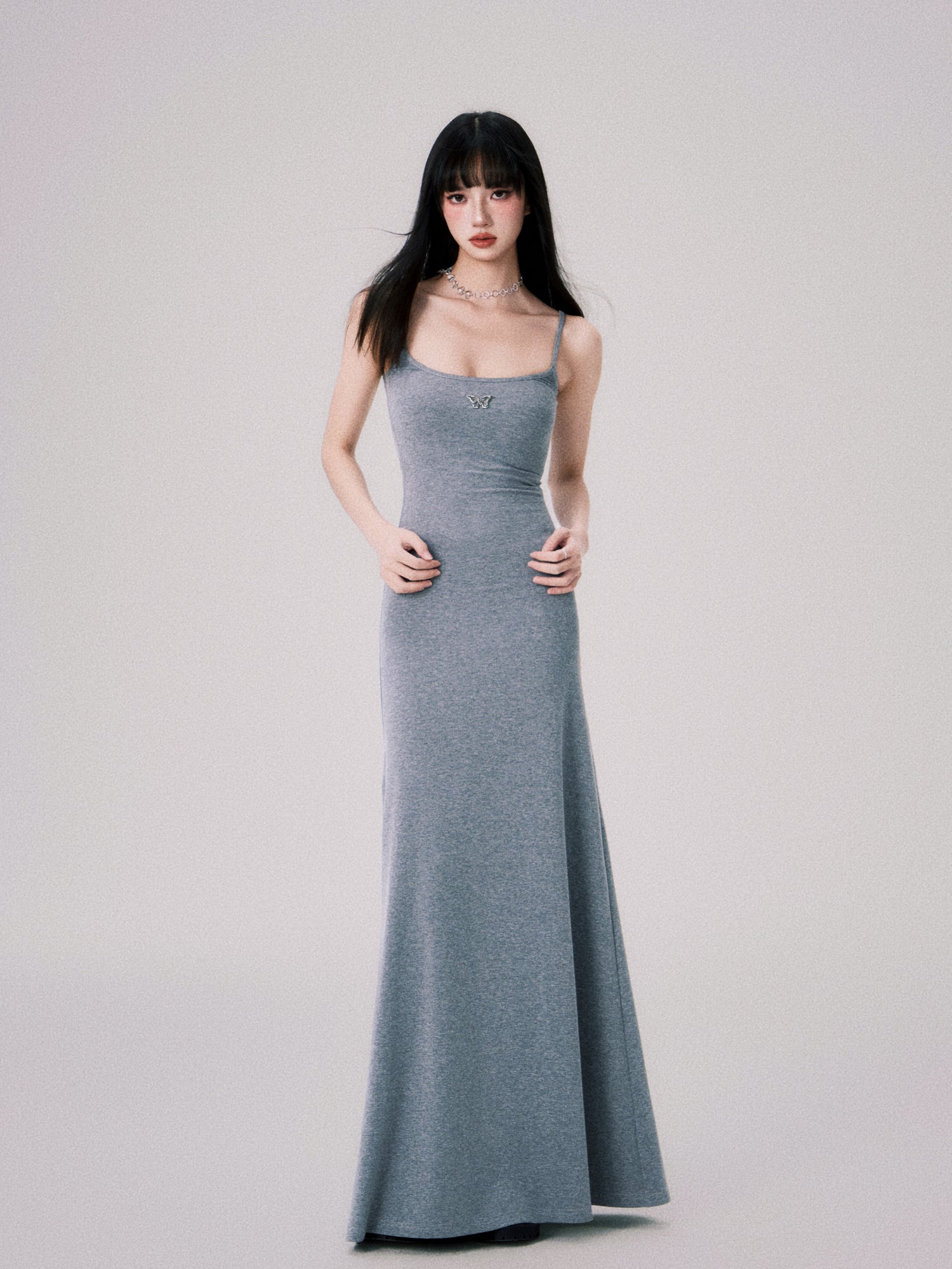 Square Neck Slim Suspender Long Dress