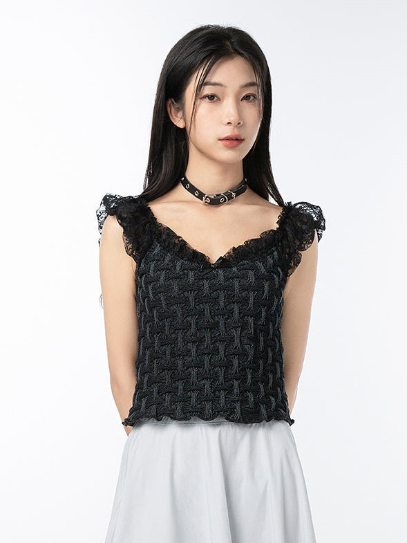 Lace Flying Sleeve Denim Top