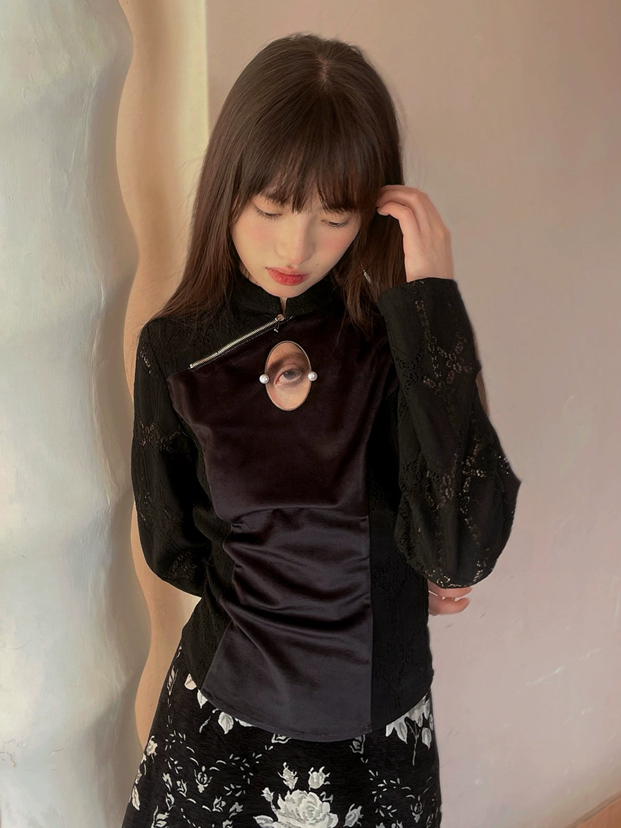 Eye Printed Velvet Long-sleeved Cheongsam Top