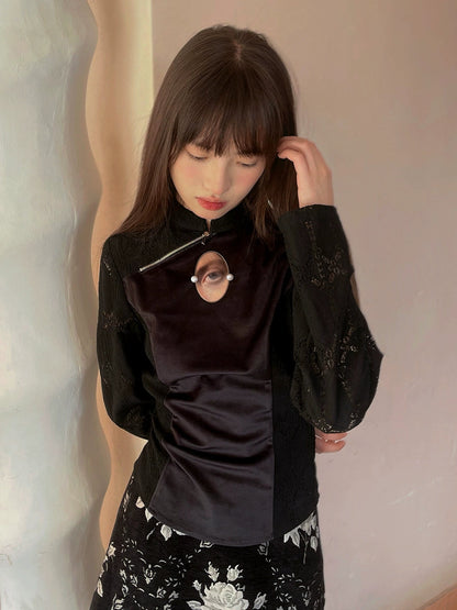 Eye Printed Velvet Long-sleeved Cheongsam Top