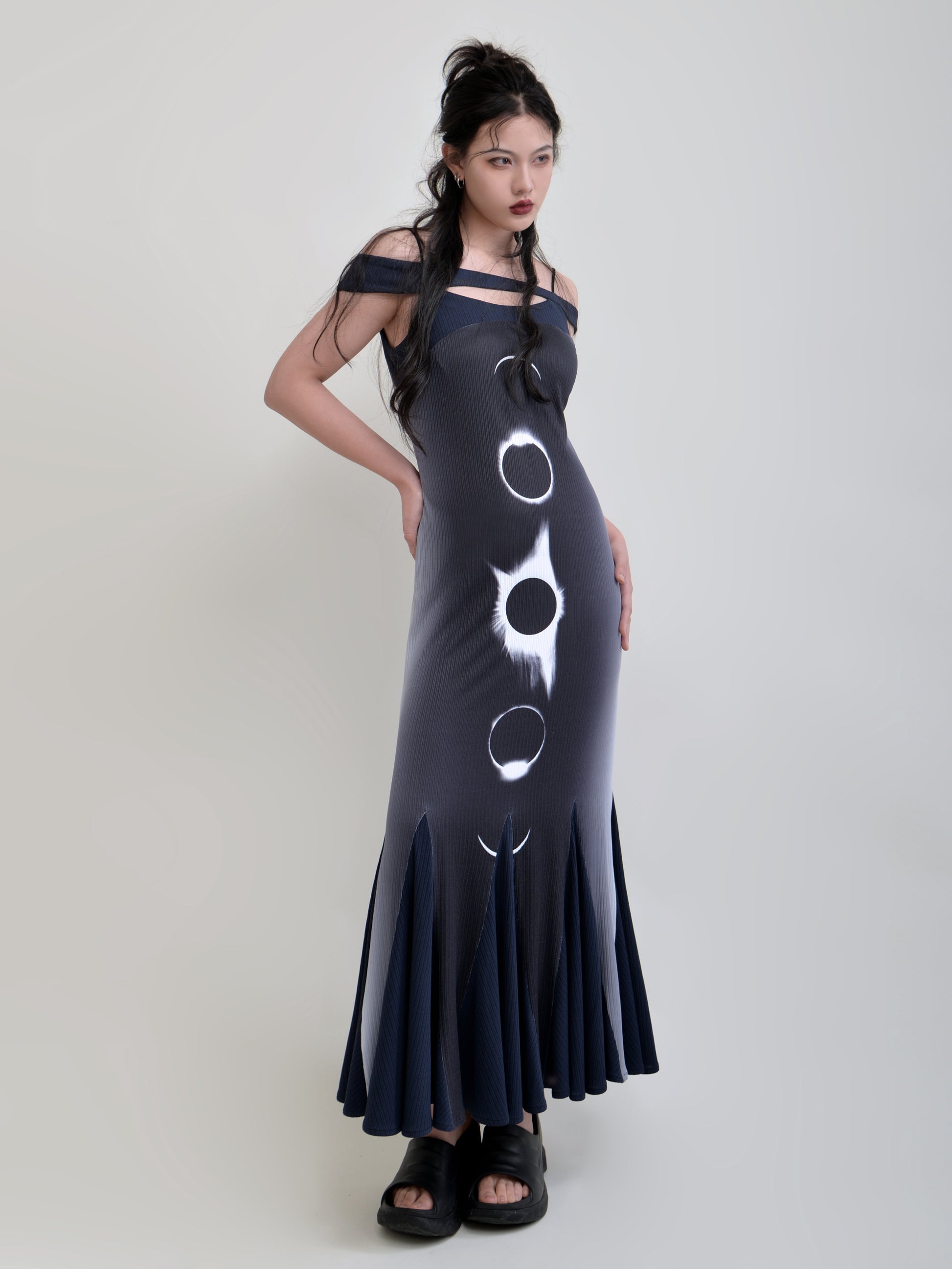 Printed Stitching Suspenders Elastic Mermaid Dress