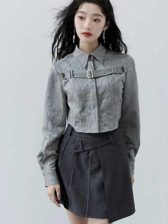 College Style Design Jacket &amp; Pleated Skirt &amp; Jacquard Shirt