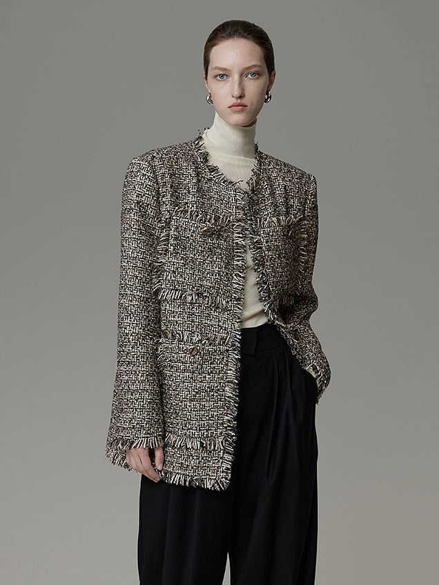 Gebürstetes Design No Collar Tweed Jacke