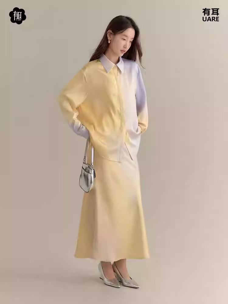 Set-Up Gradation Pale-Tone Retro Satin Cnihi Shirt＆Long-Skirt