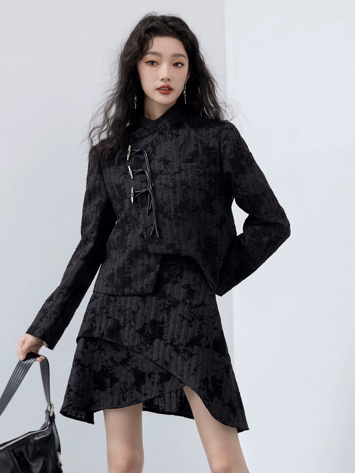 Flocking Chinese Button Asymmetry Jacket ＆ Skirt