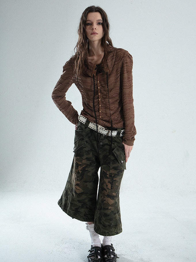 Low-Rise Loose Work Camouflage Cropped Flared Pants