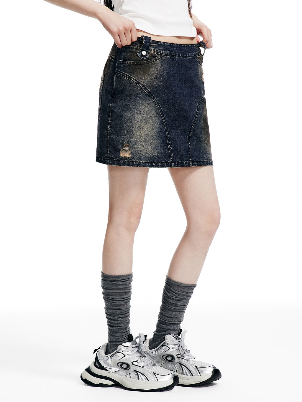 Holes Washed Denim Skirt