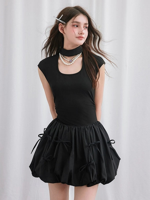 French Sleeve Romantic Cut-out Stand Collar Bow Bud Dress