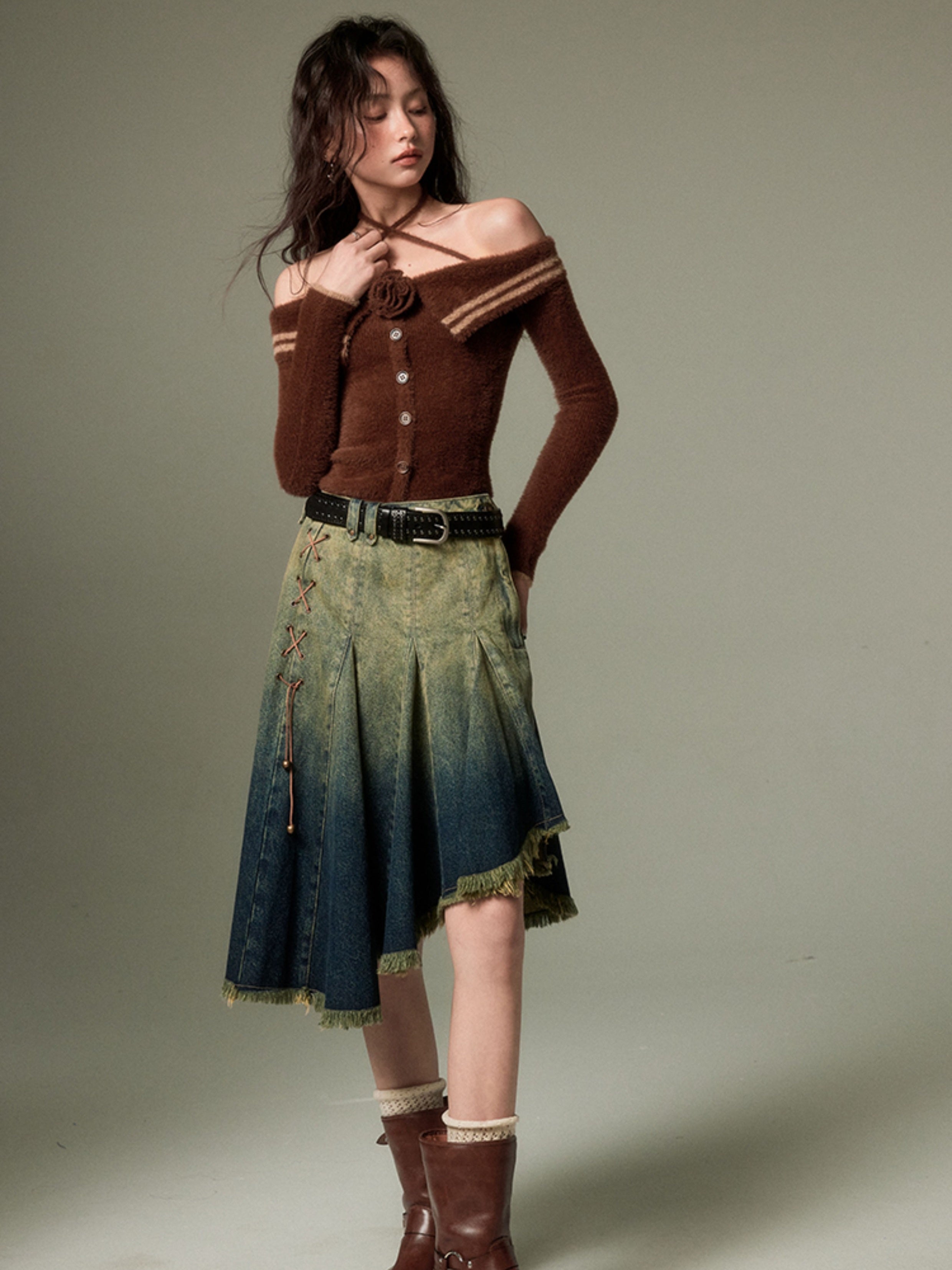 Gradient Bandage Irregular Hem Denim Skirt