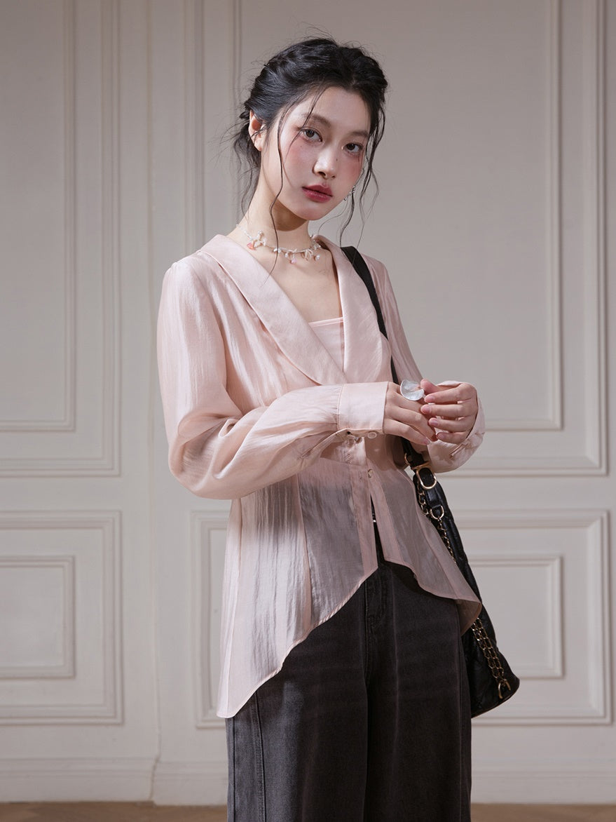 U-neck Shawl Collar Transparent Fishtail Shirt With Camisole