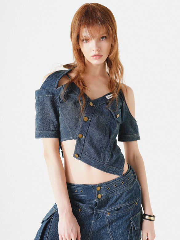 Denim-Asymmetrie-Halfter-Neck-Top-Top