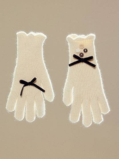 Bow Hand-button Knitted Five-finger Gloves