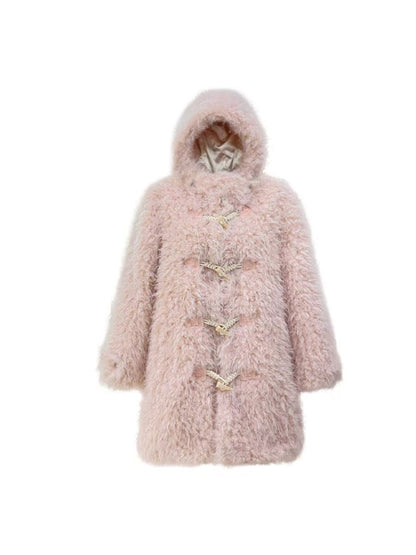 Hooded Midi Length Loose Faux Fur Duffel Coat