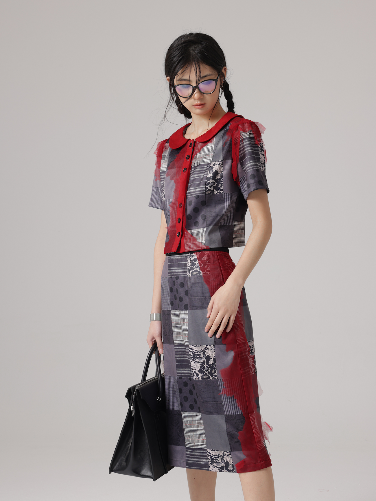 Grid Printing Mesh Stitch Shirt &amp; Skirt