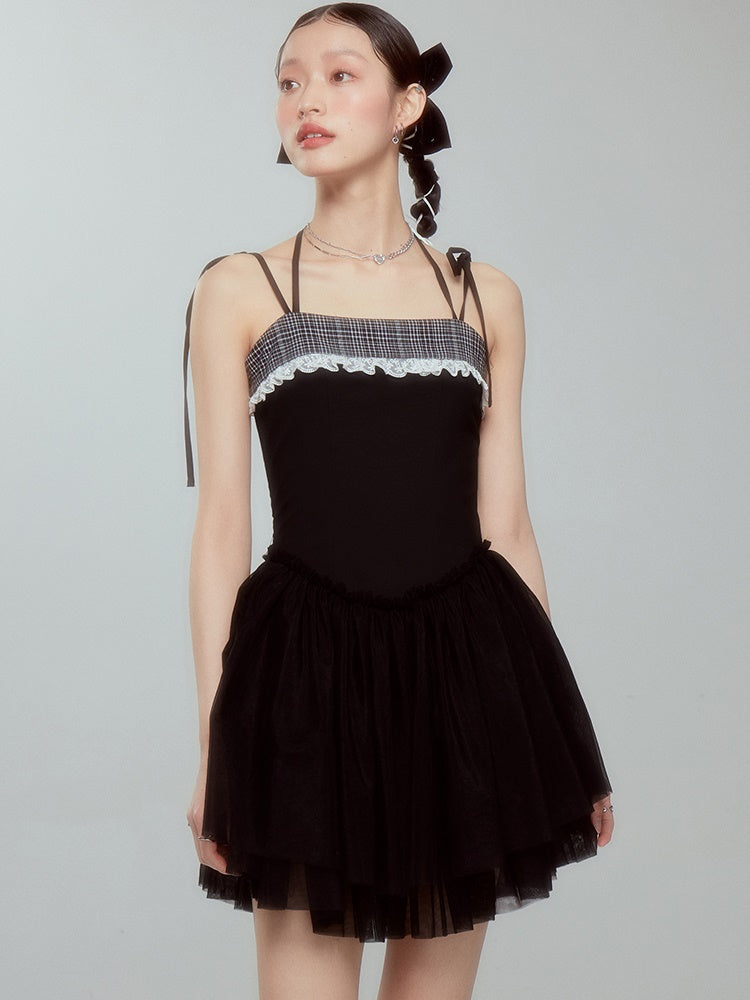 Grid Stitch Lace Embroidered Suspender Dress