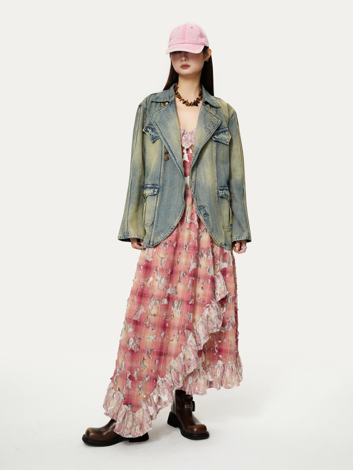 Distressed Deconstructed Casual Denim Jacket ＆ Curve Denim Pants