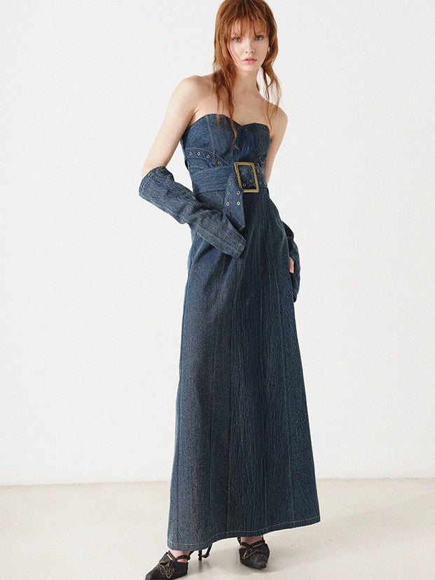 Denim Bare Top Long Dress With Sleeves