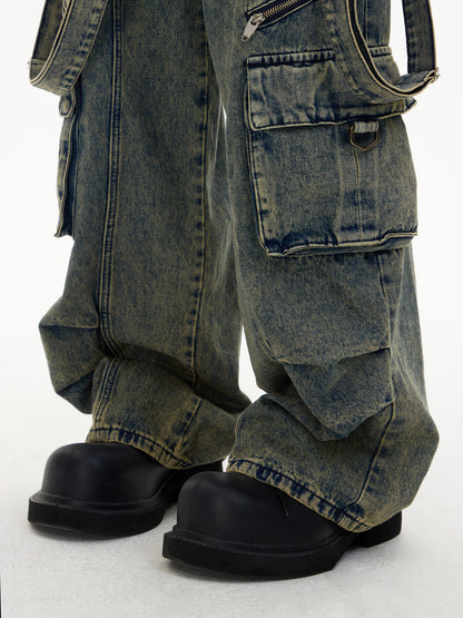 Detachable Suspender Washed Multi-pocket Cargo Jeans