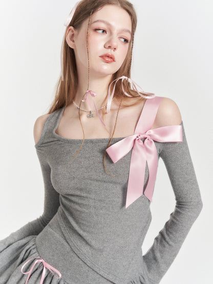 Ribbon Asymmetric Off-SHOULDER TOP &amp; FRILL SKIRT