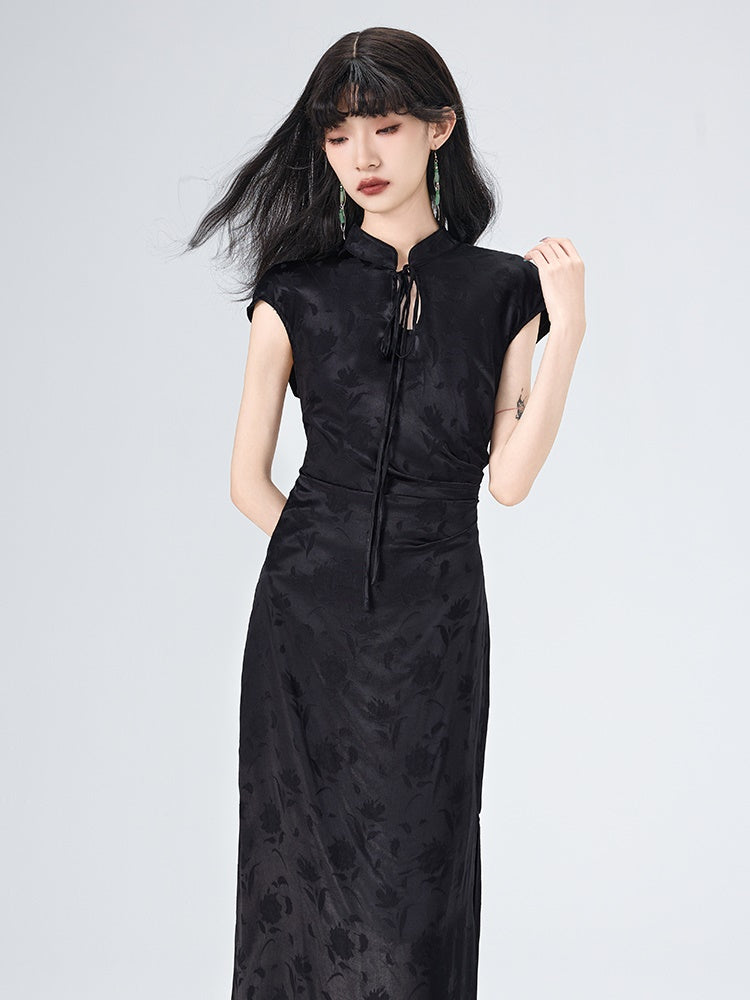 Sleeveless Side Slit Jacquard Long Dress