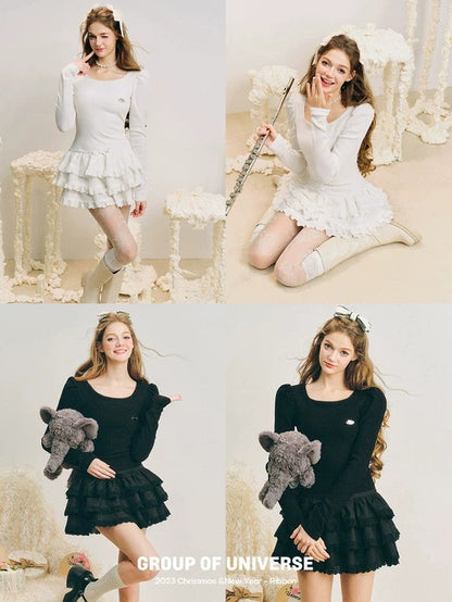 U-neck Puff Sleeve Switching Design Puffy Cake Dress